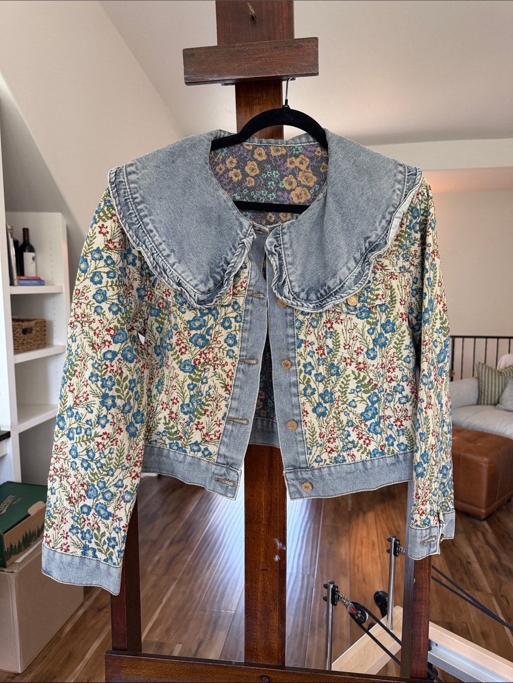 Floral Quilted Denim-Trim Jacket - Blue/Cream